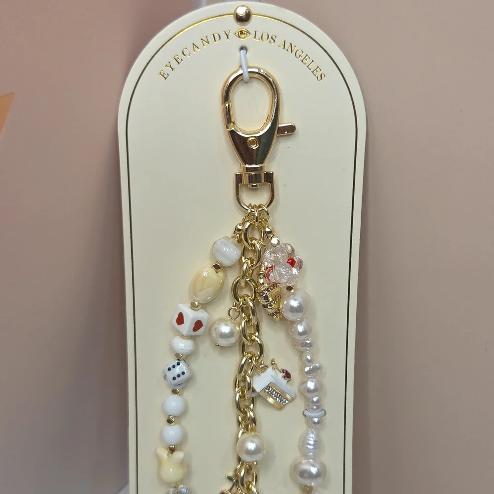 🤍▪️Eyecandy ▪️ Snacks /Food Pearl & Charm Keychain Bag Charm - White/Gold